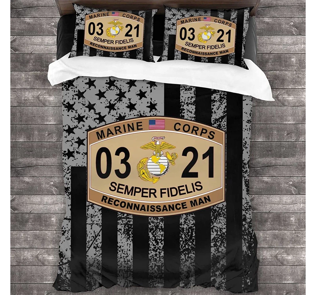 Personalized Bedding Set - Reconnaissance Man Marine Corps Mos 0321 U.s.m Included 1 Ultra Soft Duvet Cover or Quilt and 2 Lightweight Breathe Pillowcases