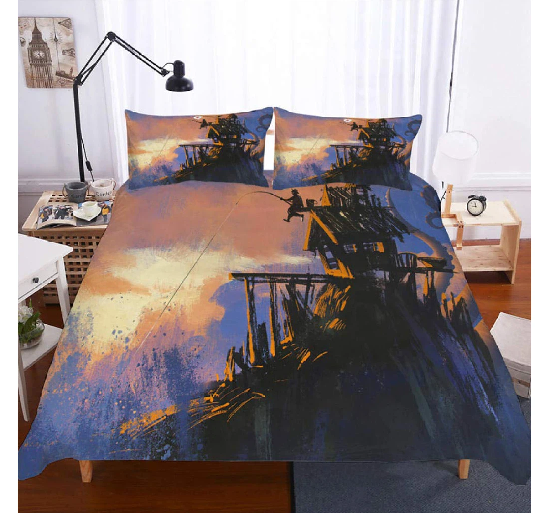 Personalized Bedding Set - Wooden House Corner Ties Included 1 Ultra Soft Duvet Cover or Quilt and 2 Lightweight Breathe Pillowcases