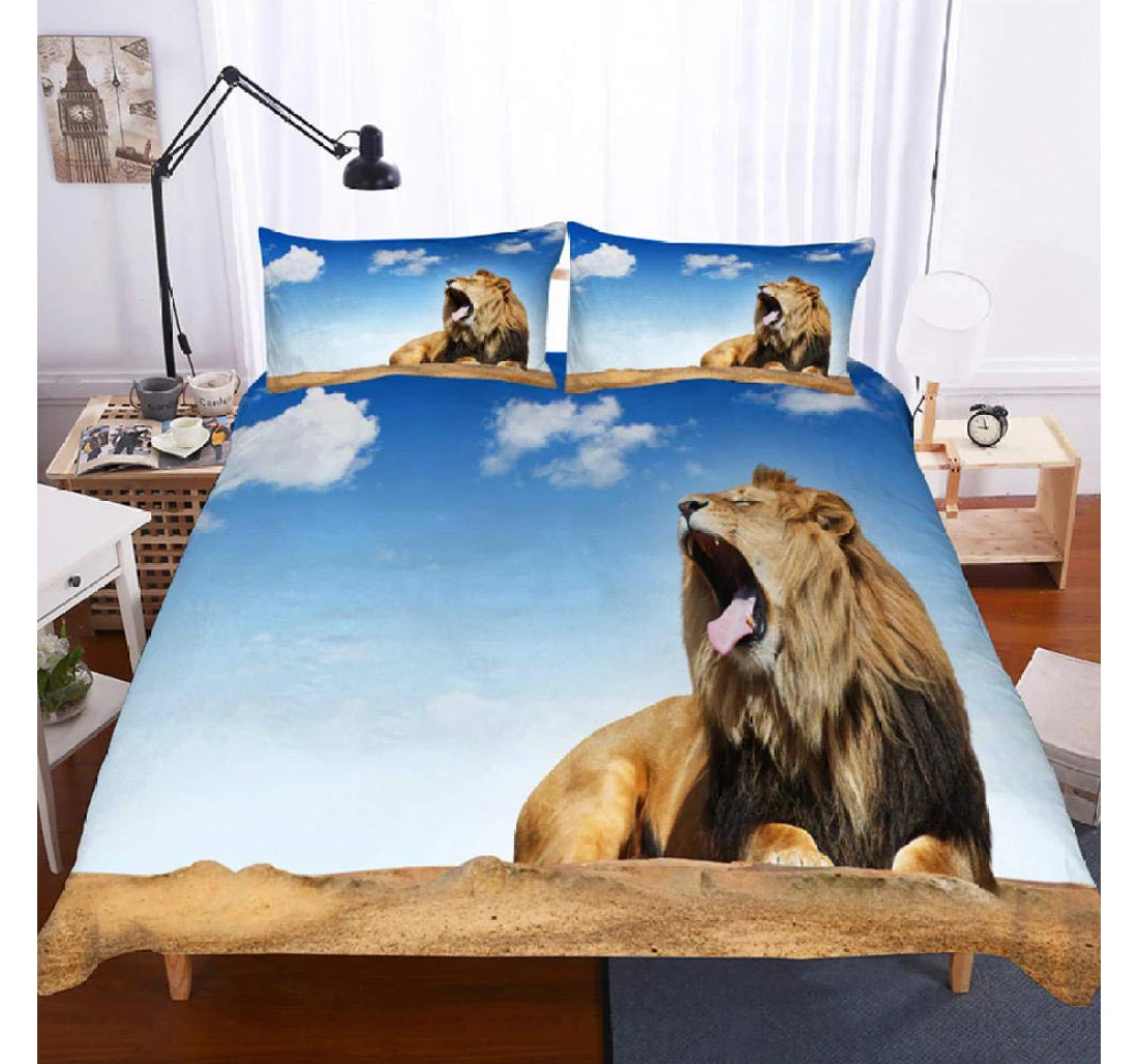 Personalized Bedding Set - Blue Sky Lion Corner Ties Included 1 Ultra Soft Duvet Cover or Quilt and 2 Lightweight Breathe Pillowcases