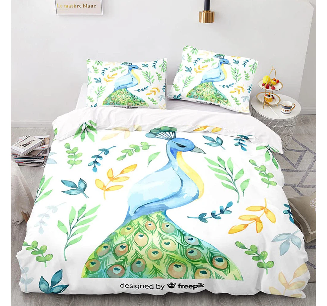 Personalized Bedding Set - Green Peacock Corner Ties Included 1 Ultra Soft Duvet Cover or Quilt and 2 Lightweight Breathe Pillowcases