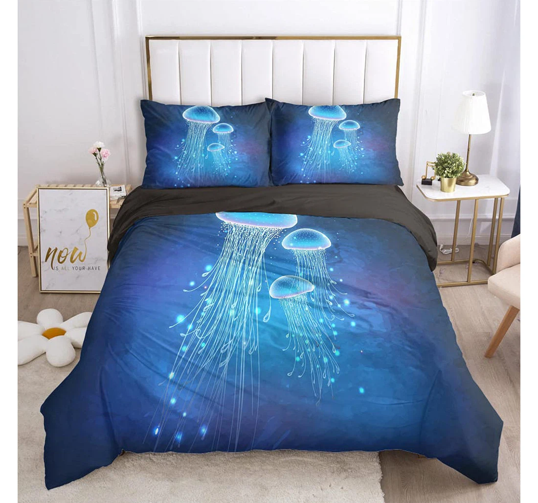 Personalized Bedding Set - Jellyfish Blue Corner Ties Included 1 Ultra Soft Duvet Cover or Quilt and 2 Lightweight Breathe Pillowcases