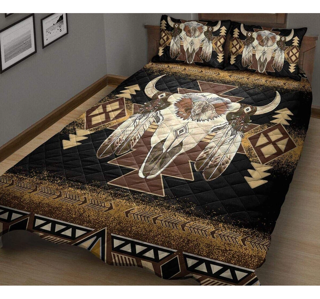 Personalized Bedding Set - Native American Pattern Bull Skull Christmas Xmas Birthday Little Decorative Gifts From Mom Mommy Mother Dad Daddy Father Aunt Uncle Included 1 Ultra Soft Duvet Cover or Quilt and 2 Lightweight Breathe Pillowcases