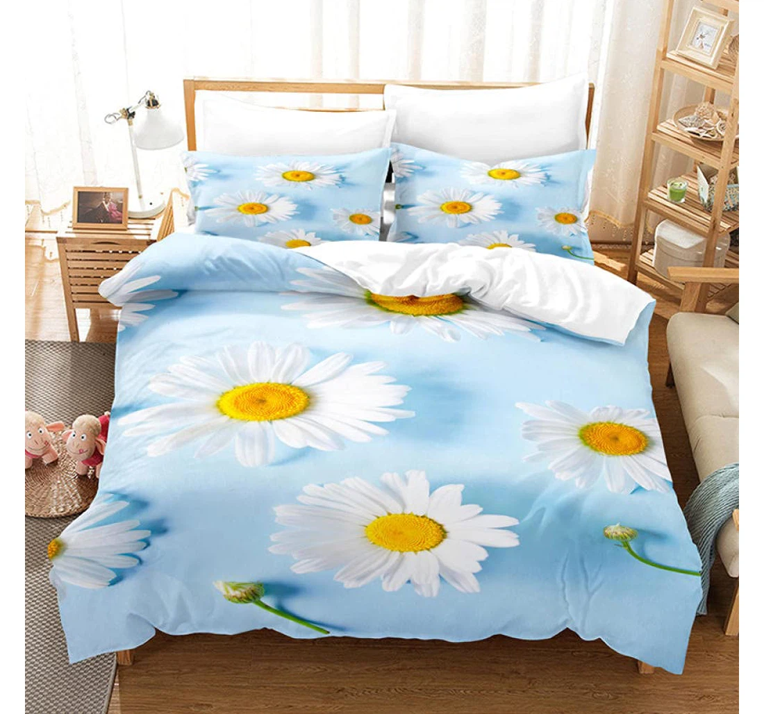 Personalized Bedding Set - Blue Daisy Corner Ties Included 1 Ultra Soft Duvet Cover or Quilt and 2 Lightweight Breathe Pillowcases