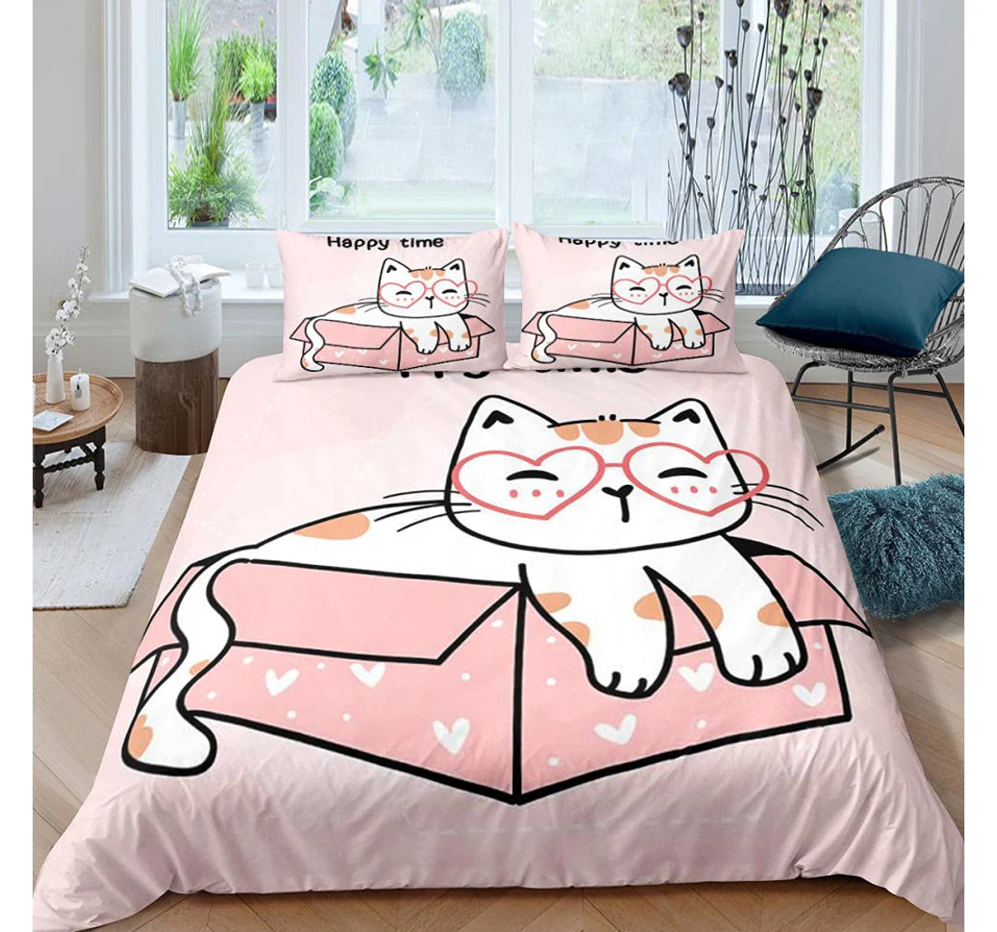 Personalized Bedding Set - Animated Cat Corner Ties Included 1 Ultra Soft Duvet Cover or Quilt and 2 Lightweight Breathe Pillowcases
