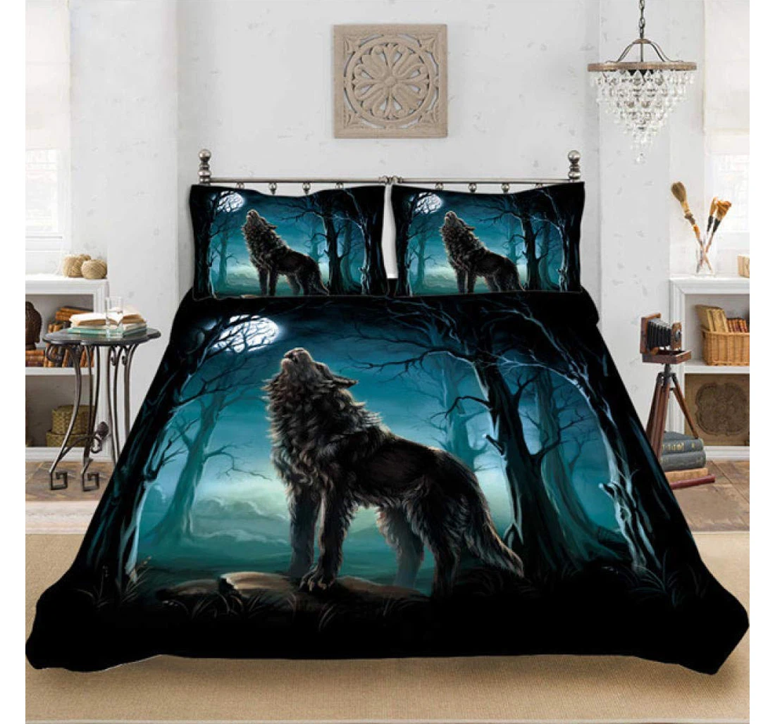Personalized Bedding Set - Night Wolves Included 1 Ultra Soft Duvet Cover or Quilt and 2 Lightweight Breathe Pillowcases