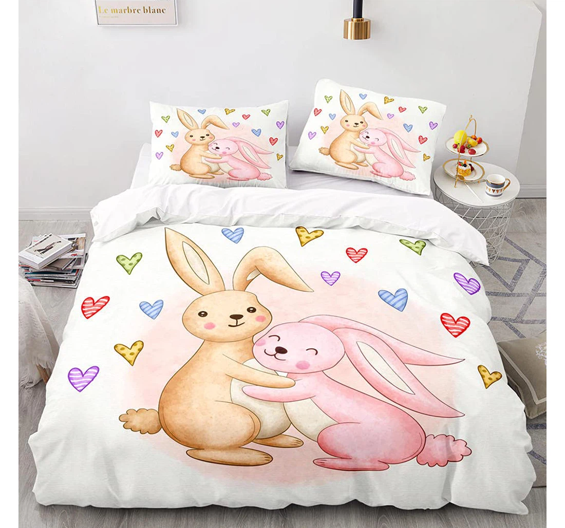 Personalized Bedding Set - Love Bunny Corner Ties Included 1 Ultra Soft Duvet Cover or Quilt and 2 Lightweight Breathe Pillowcases