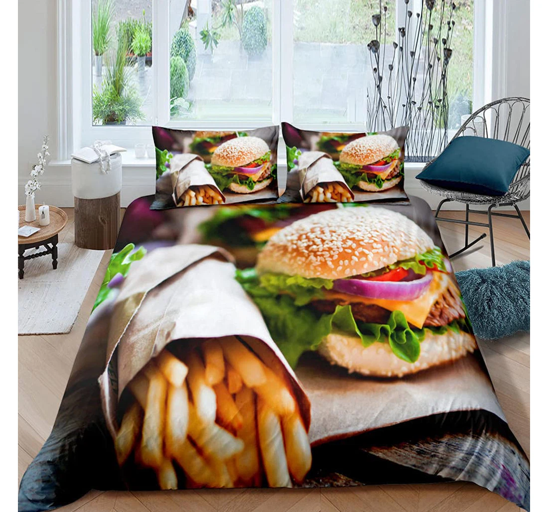 Personalized Bedding Set - Hamburger Fries Included 1 Ultra Soft Duvet Cover or Quilt and 2 Lightweight Breathe Pillowcases