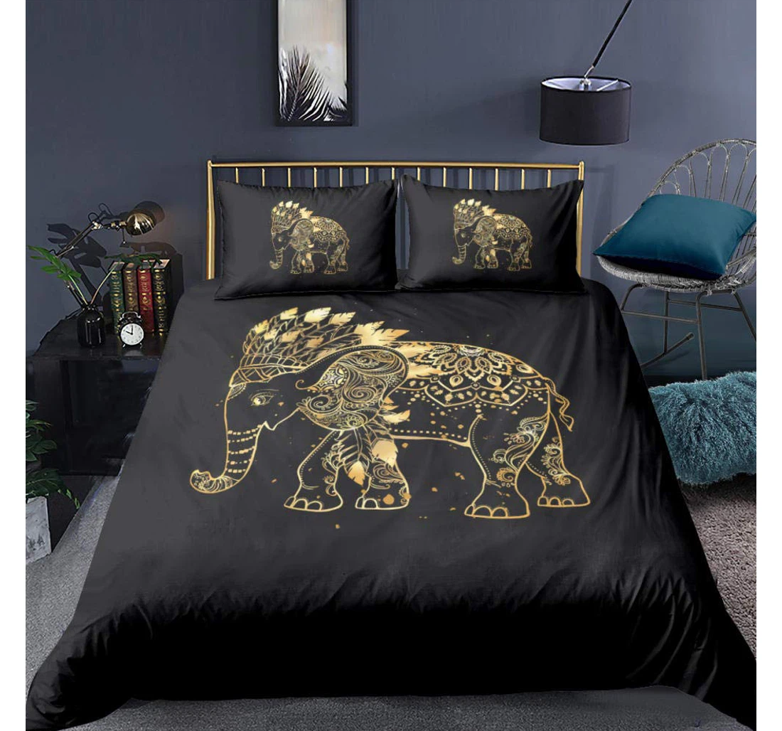 Personalized Bedding Set - Golden Elephant Included 1 Ultra Soft Duvet Cover or Quilt and 2 Lightweight Breathe Pillowcases