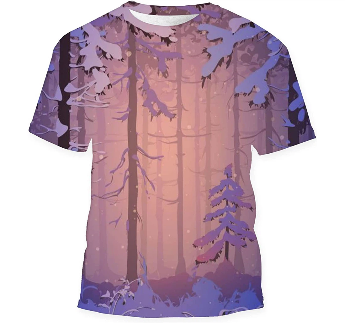 Silhouette Winter Coniferous Forest Colors Sunset Birthday Halloween - 3D Printed T-shirt, Long Sleeves Shirt