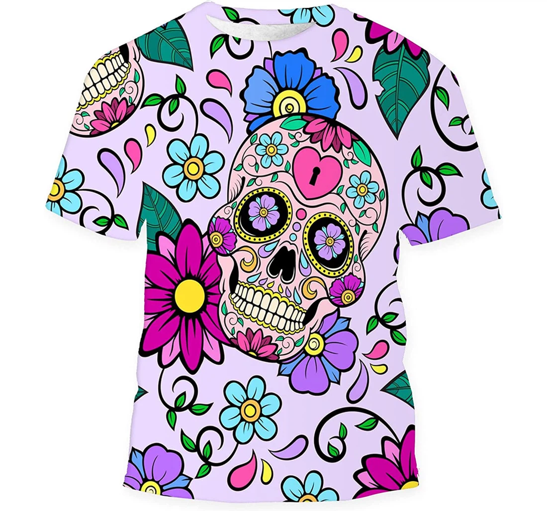 Festive Background Sugar Skulls Heart Flower Birthday Halloween - 3D Printed T-shirt, Long Sleeves Shirt