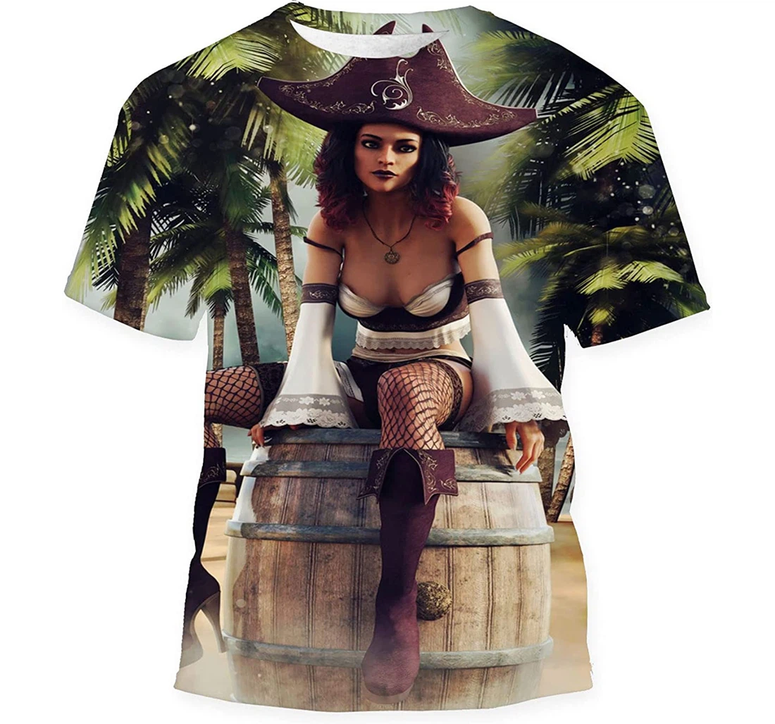 Pirate Girl Big Hat Sitting On Birthday Halloween - 3D Printed T-shirt, Long Sleeves Shirt