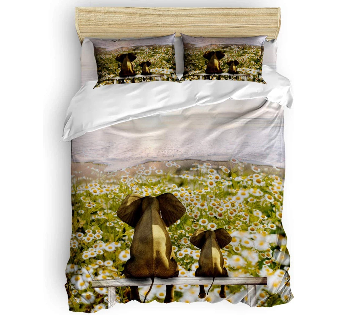 Personalized Bedding Set - Elephant Looking At Small Daisy Flower Field Sunset Beach Scenery Included 1 Ultra Soft Duvet Cover or Quilt and 2 Lightweight Breathe Pillowcases