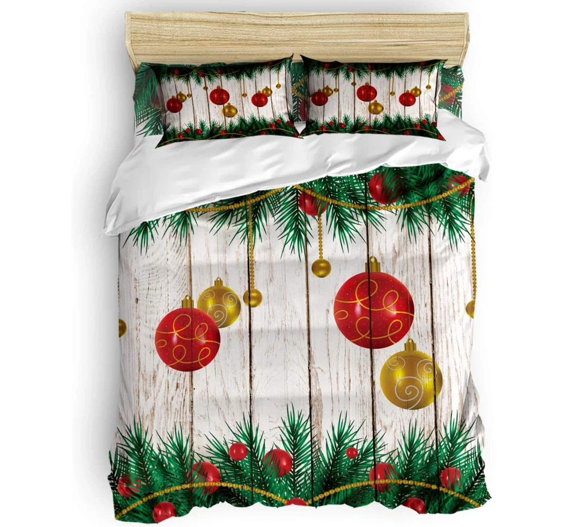 Personalized Bedding Set - Christmas Balls Tree Wooden Plank Included 1 Ultra Soft Duvet Cover or Quilt and 2 Lightweight Breathe Pillowcases