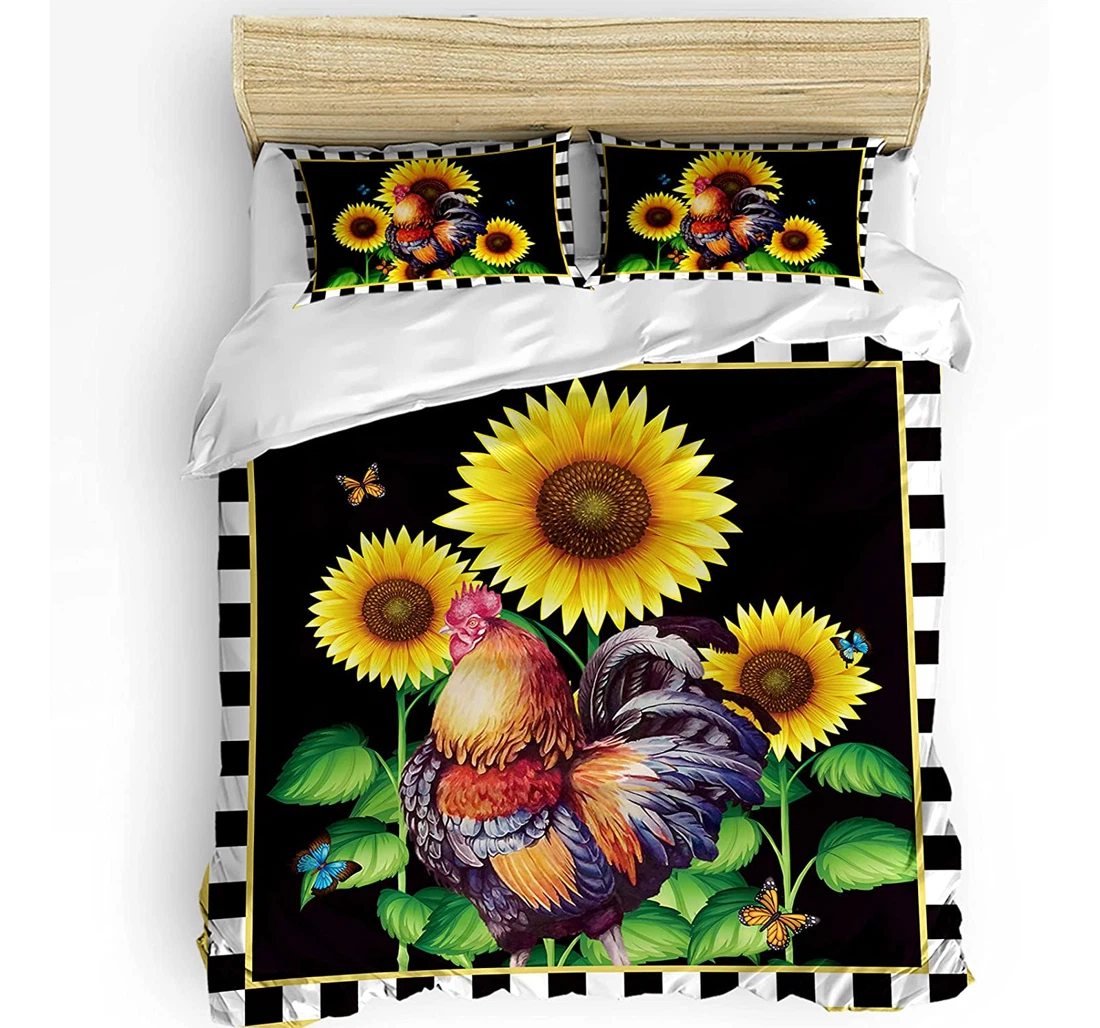 Personalized Bedding Set - Fresh Sunflowers Cock Cozy Black White Checkered Included 1 Ultra Soft Duvet Cover or Quilt and 2 Lightweight Breathe Pillowcases