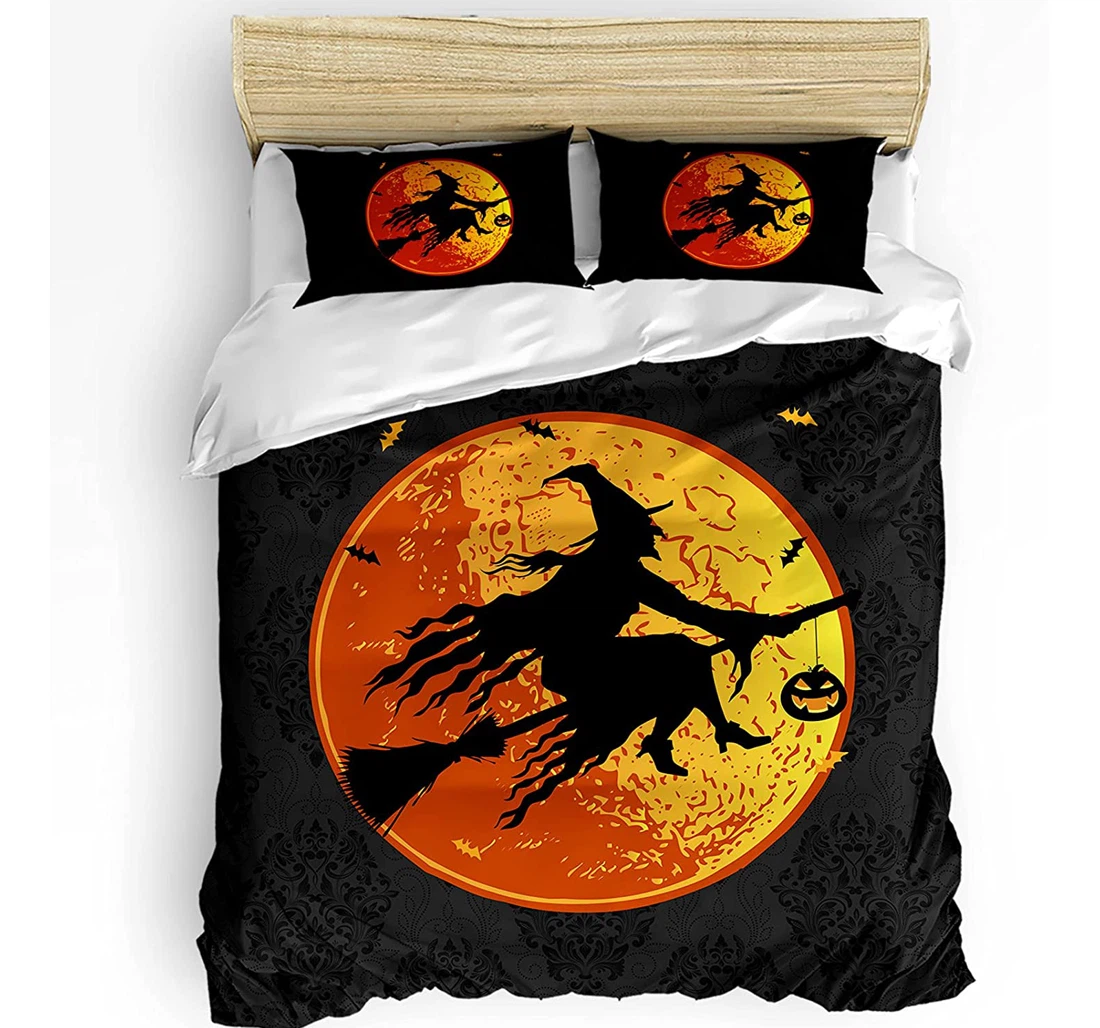 Personalized Bedding Set - Halloween Witch Orange Moon Cozy Black Floral Included 1 Ultra Soft Duvet Cover or Quilt and 2 Lightweight Breathe Pillowcases