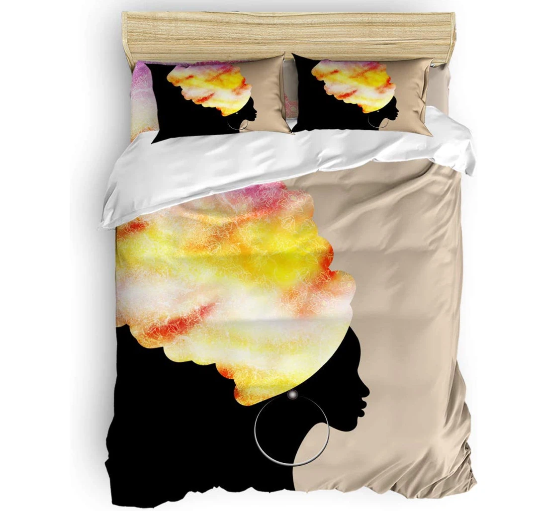 Personalized Bedding Set - African Women Colorful Gradient Hat Profile Silhouette Included 1 Ultra Soft Duvet Cover or Quilt and 2 Lightweight Breathe Pillowcases