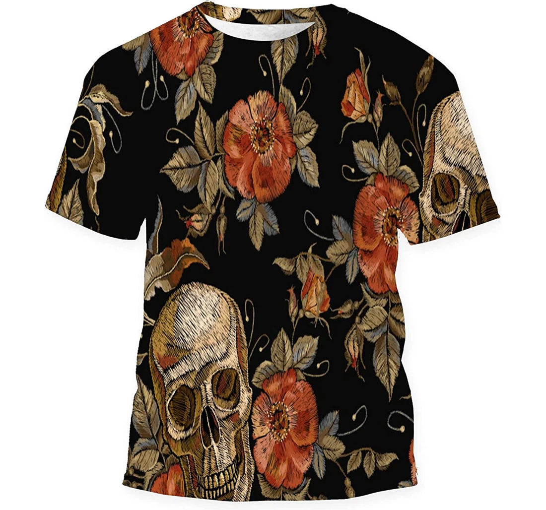 Embroidery Vintage Skull Roses Birthday Halloween - 3D Printed T-shirt, Long Sleeves Shirt