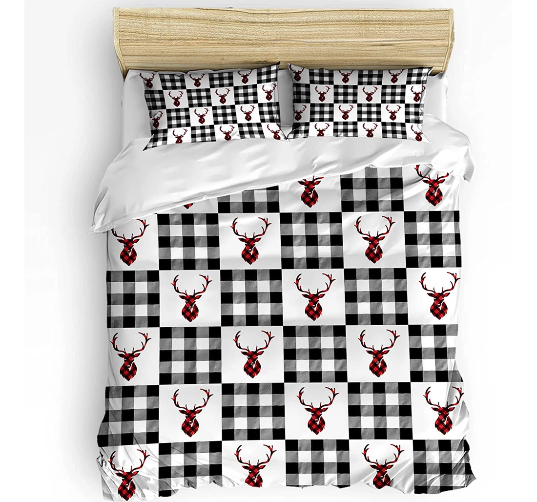 Personalized Bedding Set - Christmas Elk Plaid Black White Checkered Included 1 Ultra Soft Duvet Cover or Quilt and 2 Lightweight Breathe Pillowcases