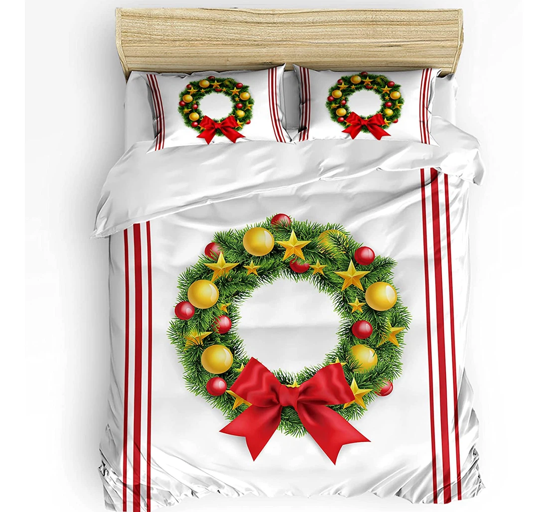 Personalized Bedding Set - Christmas Wreath Thin Line Included 1 Ultra Soft Duvet Cover or Quilt and 2 Lightweight Breathe Pillowcases
