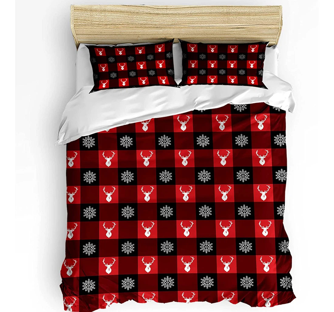 Personalized Bedding Set - Christmas Elk Snowflake Black Buffalo Plaid Included 1 Ultra Soft Duvet Cover or Quilt and 2 Lightweight Breathe Pillowcases