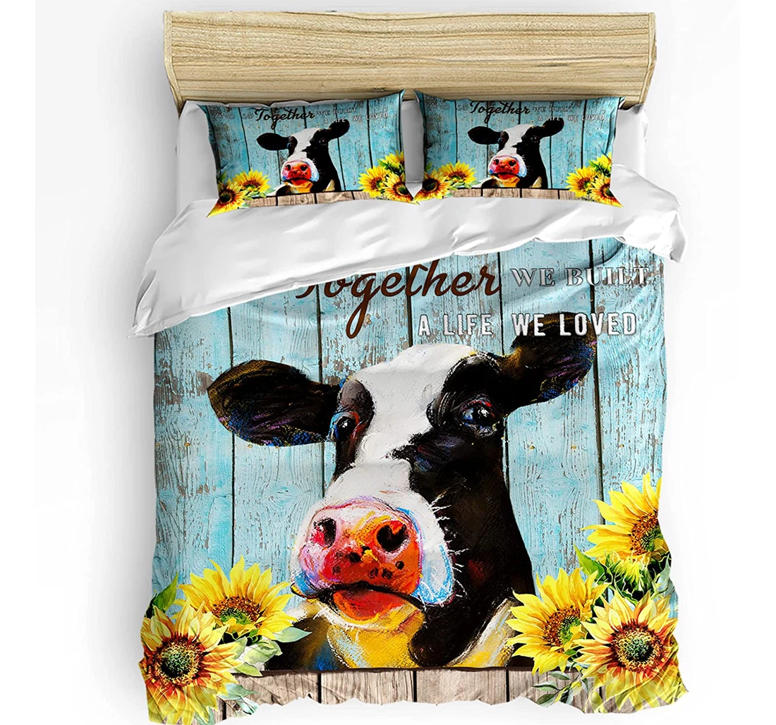 Personalized Bedding Set - Watercolor Cow Sunflowers Farm Retro Barn Wood Included 1 Ultra Soft Duvet Cover or Quilt and 2 Lightweight Breathe Pillowcases