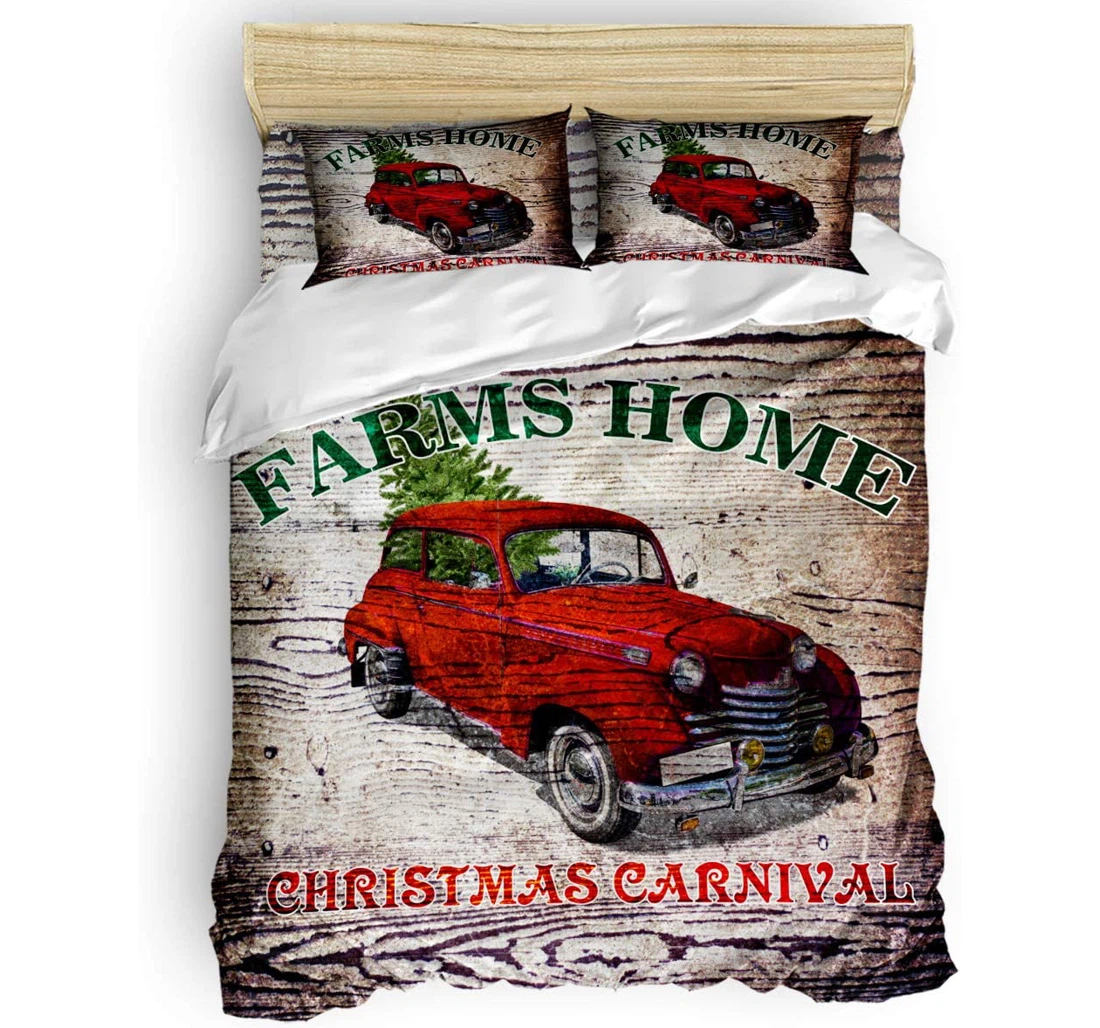 Personalized Bedding Set - Farm House Truck Christmas Tree Retro Wooden Included 1 Ultra Soft Duvet Cover or Quilt and 2 Lightweight Breathe Pillowcases