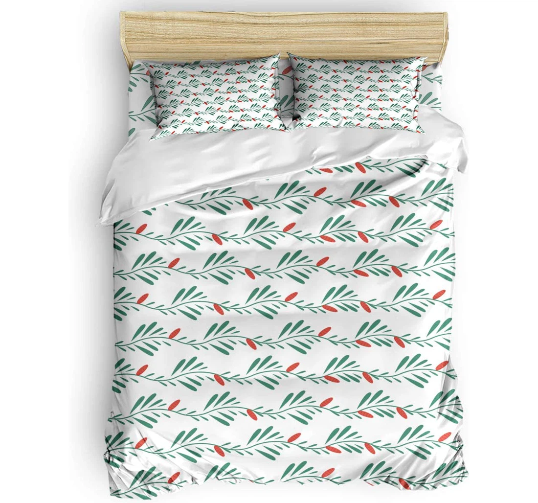 Bedding Set - Berry Green Leaves Christmas Elements Included 1 Ultra Soft Duvet Cover or Quilt and 2 Lightweight Breathe Pillowcases