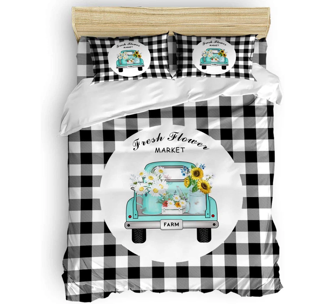 Personalized Bedding Set - Fresh Flower Market Sunflowers Daisies Truck Rural Black Checkered Included 1 Ultra Soft Duvet Cover or Quilt and 2 Lightweight Breathe Pillowcases
