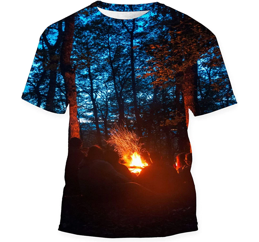 Guys Front Campfire Forest Night Birthday Halloween - 3D Printed T-shirt, Long Sleeves Shirt