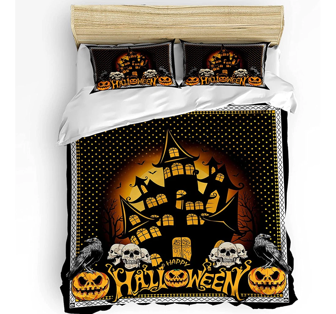 Bedding Set - Halloween Skull Castle Cozy Geometry Dots Backdrop Included 1 Ultra Soft Duvet Cover or Quilt and 2 Lightweight Breathe Pillowcases