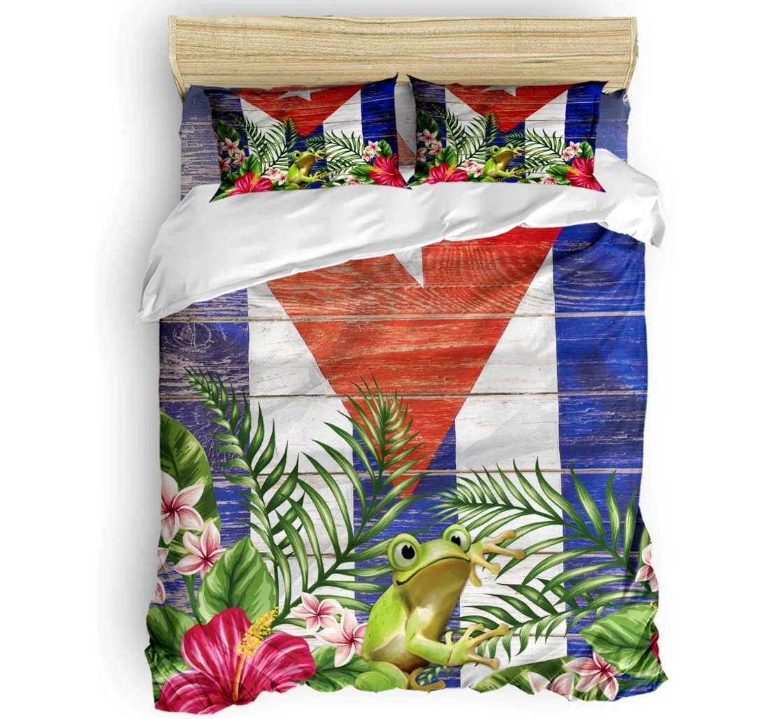Personalized Bedding Set - Puerto Rico Backdrop Of Hibiscus Flower Frog Retro Blue White Wood Included 1 Ultra Soft Duvet Cover or Quilt and 2 Lightweight Breathe Pillowcases
