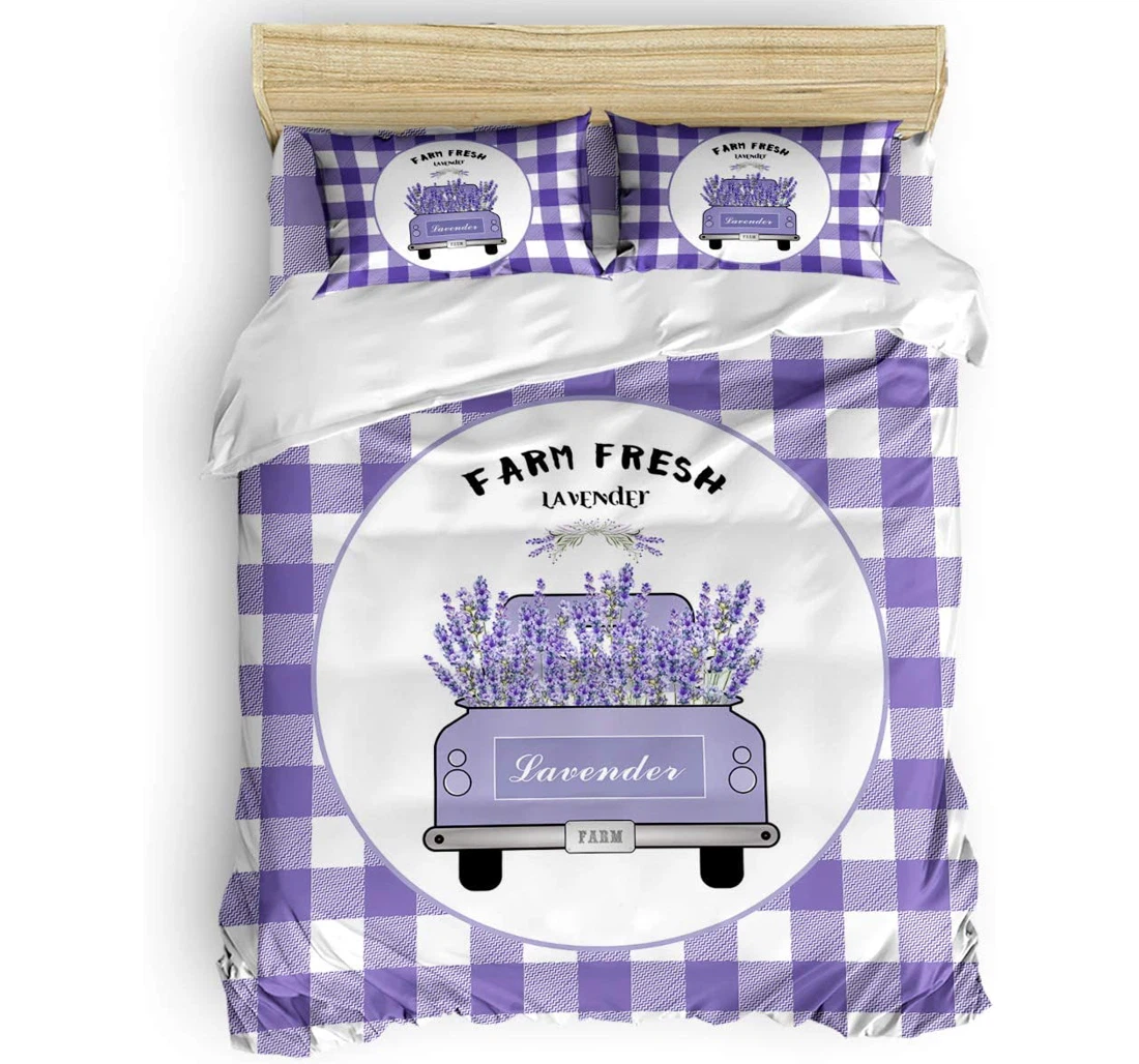 Personalized Bedding Set - Lavender The Truck Rustic Purple White Buffalo Plaid Included 1 Ultra Soft Duvet Cover or Quilt and 2 Lightweight Breathe Pillowcases