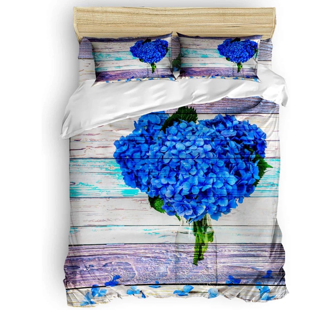 Personalized Bedding Set - Blue Hydrangea Bouquet Glass Bottles Rustic Wooden Grain Included 1 Ultra Soft Duvet Cover or Quilt and 2 Lightweight Breathe Pillowcases