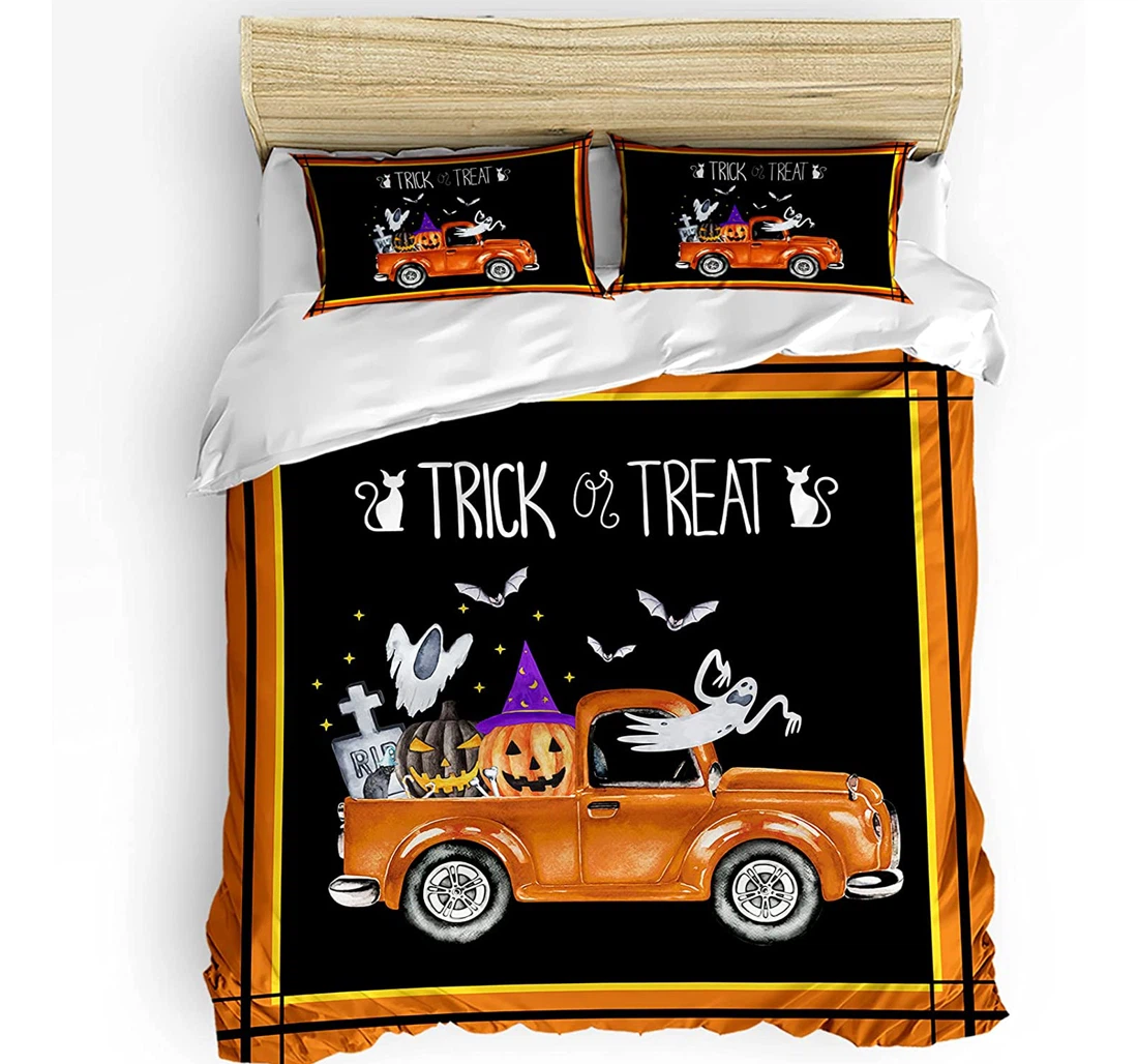 Personalized Bedding Set - Truck Pumpkin Bat Ghost Grave Cozy Halloween Orange Border Included 1 Ultra Soft Duvet Cover or Quilt and 2 Lightweight Breathe Pillowcases