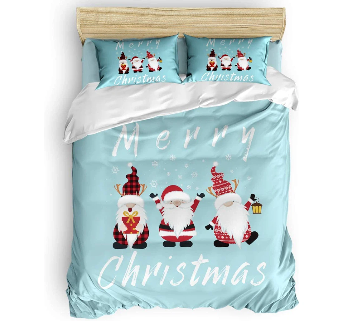 Personalized Bedding Set - Merry Christmas Gnomes Gifts Blue Backdrop Included 1 Ultra Soft Duvet Cover or Quilt and 2 Lightweight Breathe Pillowcases