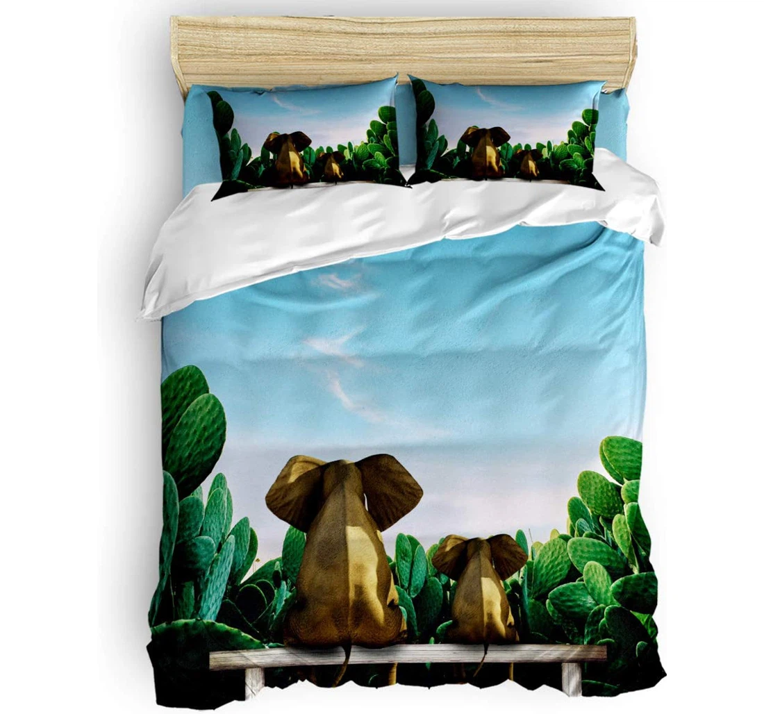 Personalized Bedding Set - Elephant Watching Cactus Field Blue Sky Scenery Included 1 Ultra Soft Duvet Cover or Quilt and 2 Lightweight Breathe Pillowcases