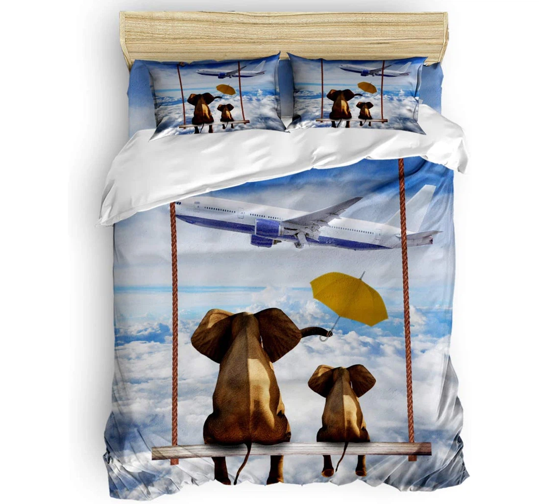Personalized Bedding Set - Elephant Watching The Plane The Clouds Included 1 Ultra Soft Duvet Cover or Quilt and 2 Lightweight Breathe Pillowcases