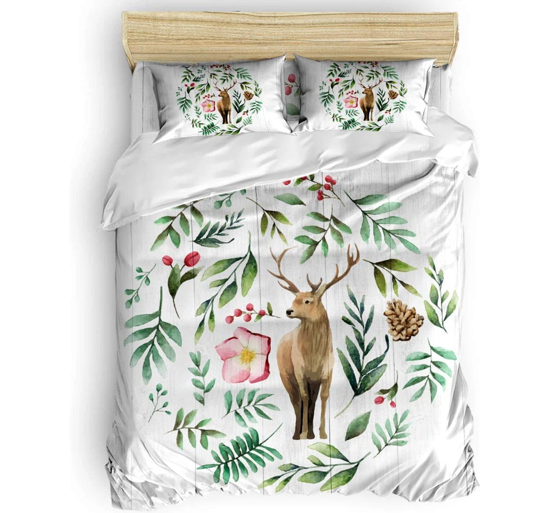 Personalized Bedding Set - Animal Elk Pine Cone Green Wreath Gray Wood Board Included 1 Ultra Soft Duvet Cover or Quilt and 2 Lightweight Breathe Pillowcases