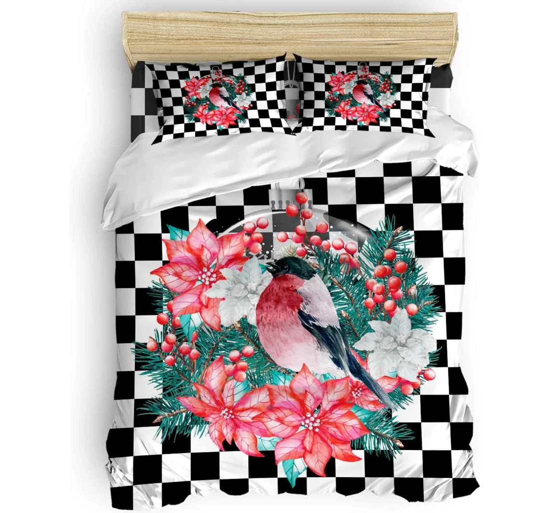 Personalized Bedding Set - Christmas Wreath Robin Flowers Black White Checkered Included 1 Ultra Soft Duvet Cover or Quilt and 2 Lightweight Breathe Pillowcases