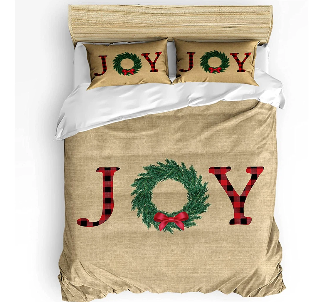 Personalized Bedding Set - Joy Christmas Wreath Burlap Backdrop Included 1 Ultra Soft Duvet Cover or Quilt and 2 Lightweight Breathe Pillowcases