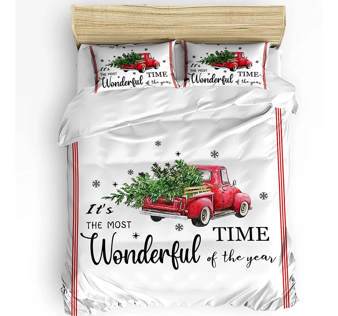Personalized Bedding Set - Christmas Farm Truck Tree Wonderful Time Of The Year Included 1 Ultra Soft Duvet Cover or Quilt and 2 Lightweight Breathe Pillowcases