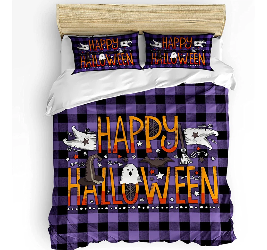 Personalized Bedding Set - Happy Halloween Elements Cozy Purple Buffalo Plaid Included 1 Ultra Soft Duvet Cover or Quilt and 2 Lightweight Breathe Pillowcases