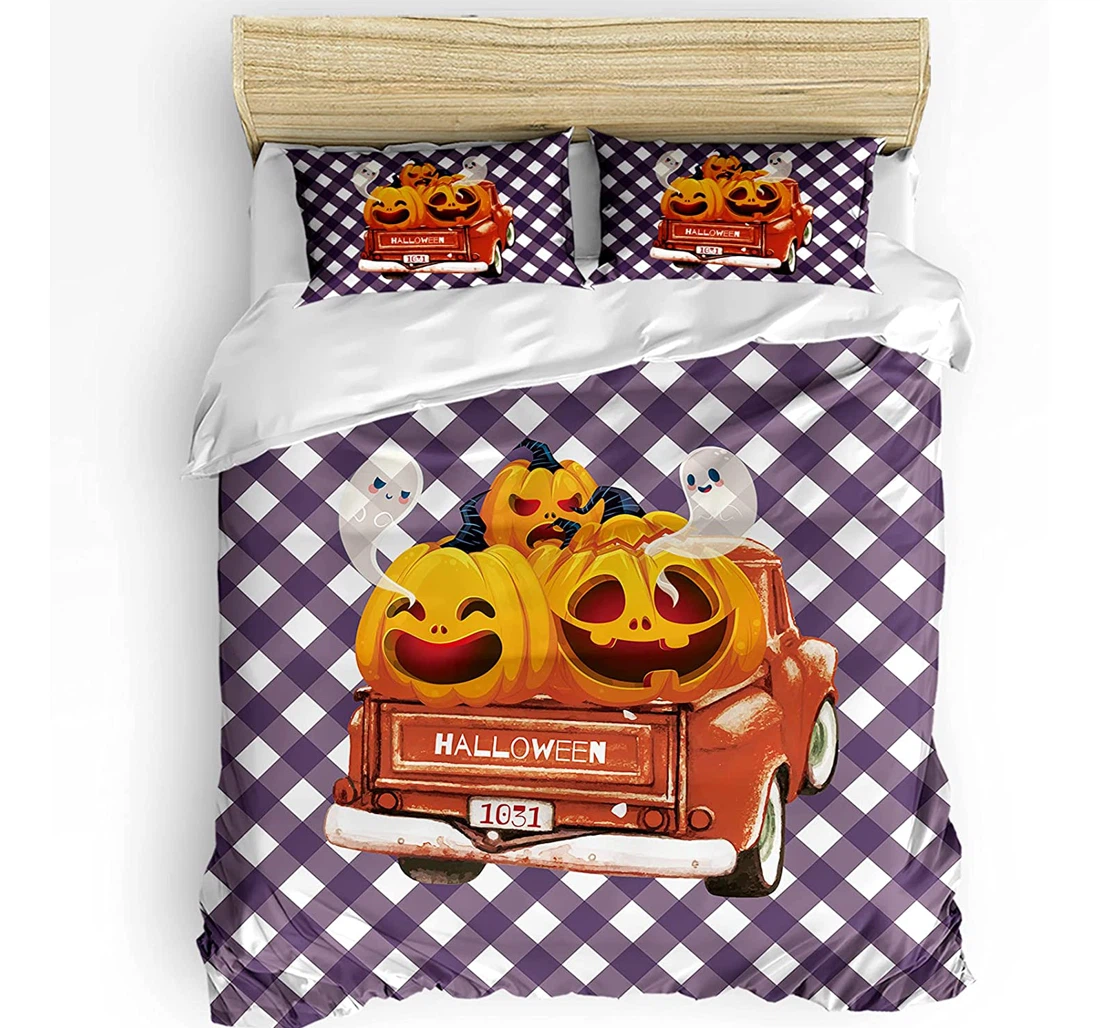 Personalized Bedding Set - Halloween Pumpkin Truck Cozy Purple Grid Included 1 Ultra Soft Duvet Cover or Quilt and 2 Lightweight Breathe Pillowcases