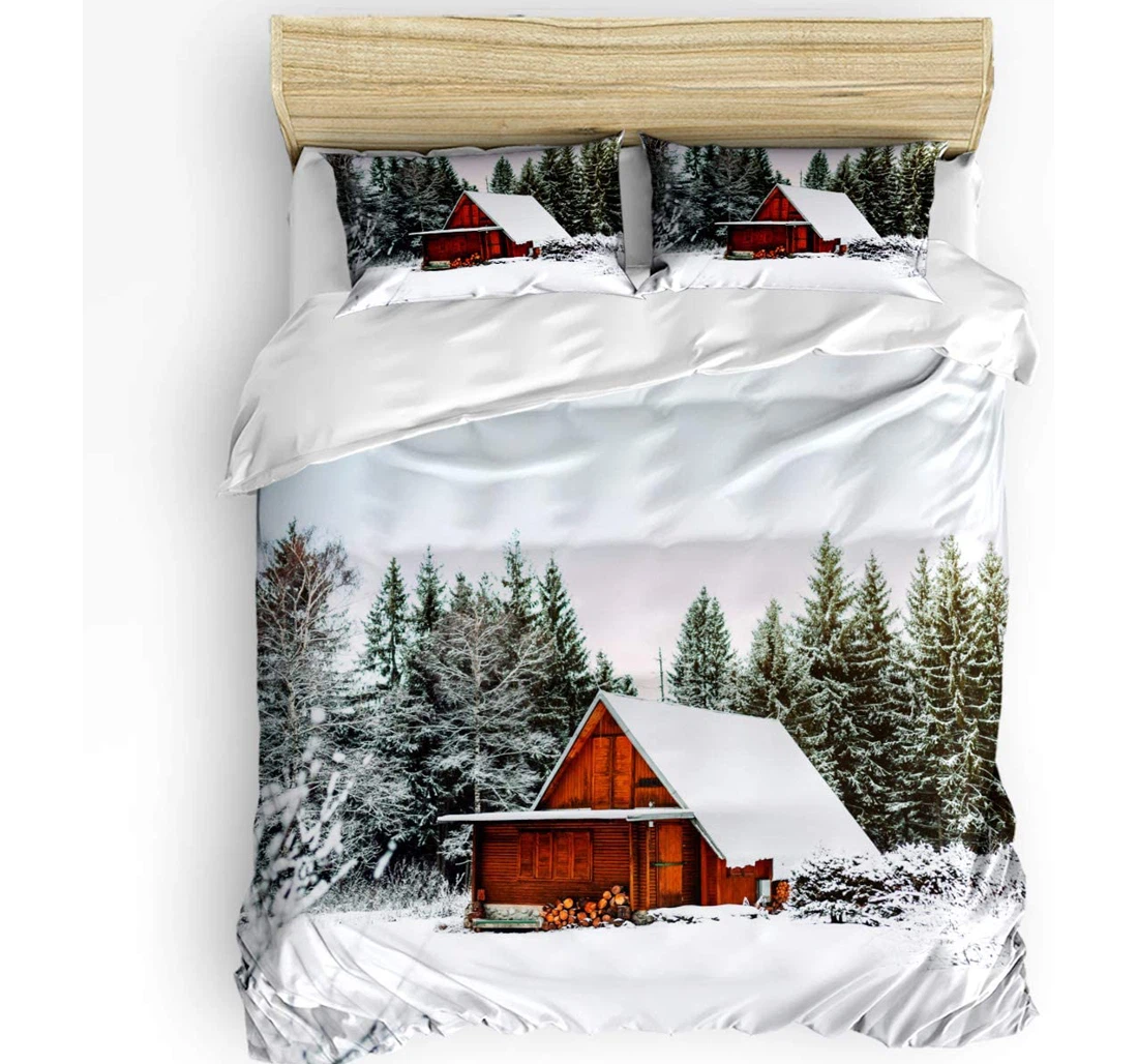 Personalized Bedding Set - Winter Wooden House Snow Landscape Cozy Included 1 Ultra Soft Duvet Cover or Quilt and 2 Lightweight Breathe Pillowcases