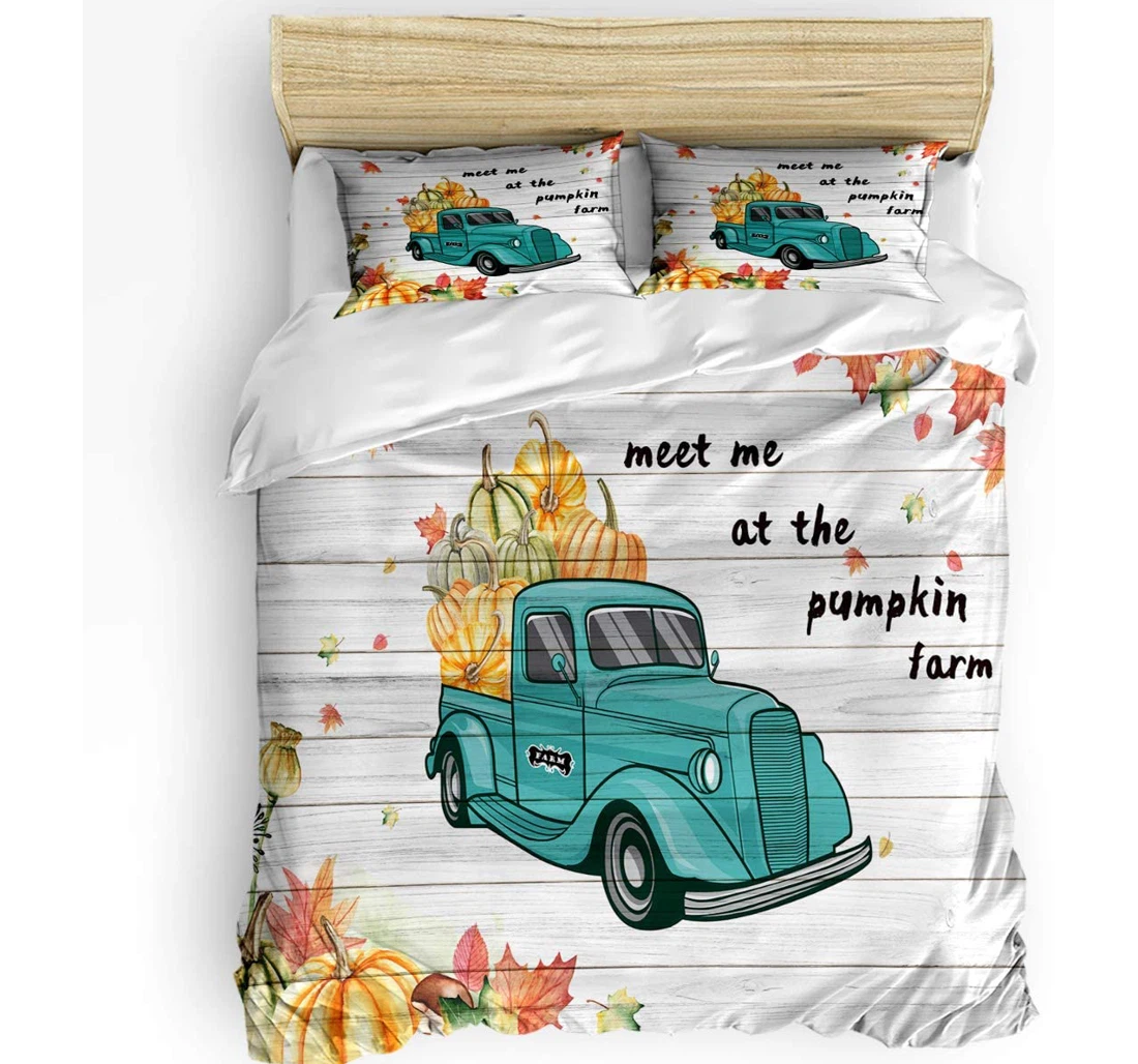 Personalized Bedding Set - Harvest Fall Pumpkin Truck Cozy Maple Leaf On Wood Board Included 1 Ultra Soft Duvet Cover or Quilt and 2 Lightweight Breathe Pillowcases