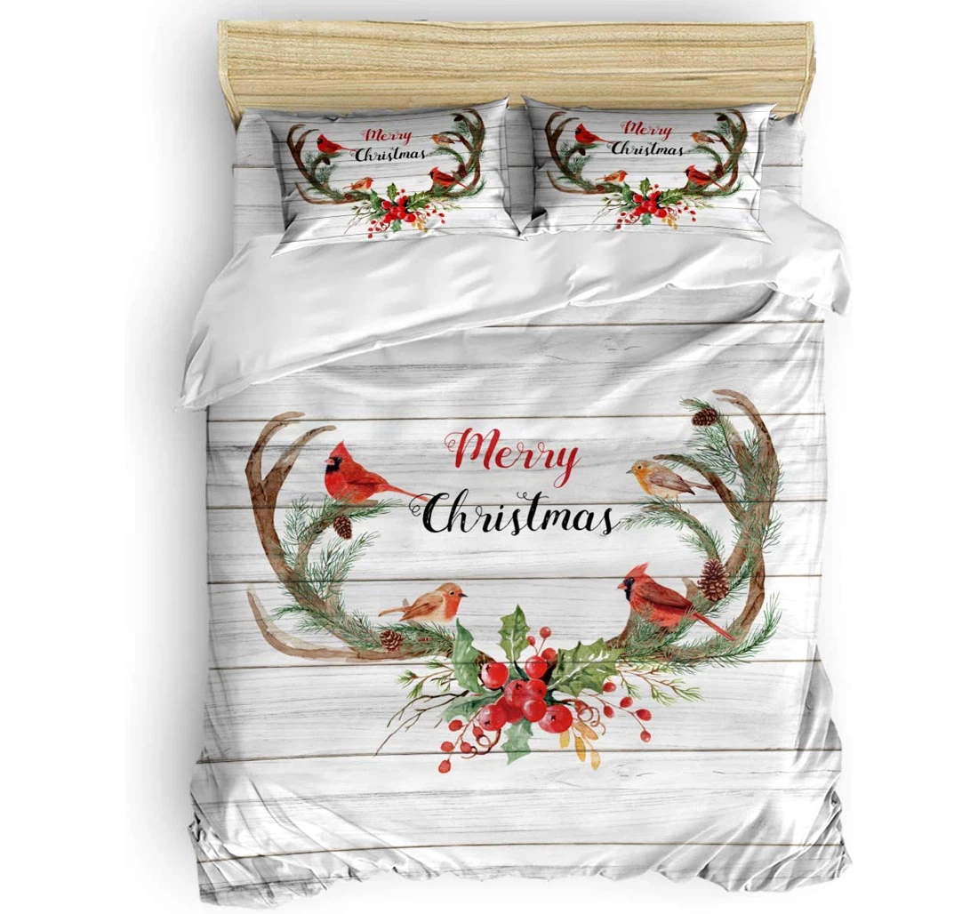 Personalized Bedding Set - Christmas Berry Bird Abstract Elk Wooden Included 1 Ultra Soft Duvet Cover or Quilt and 2 Lightweight Breathe Pillowcases