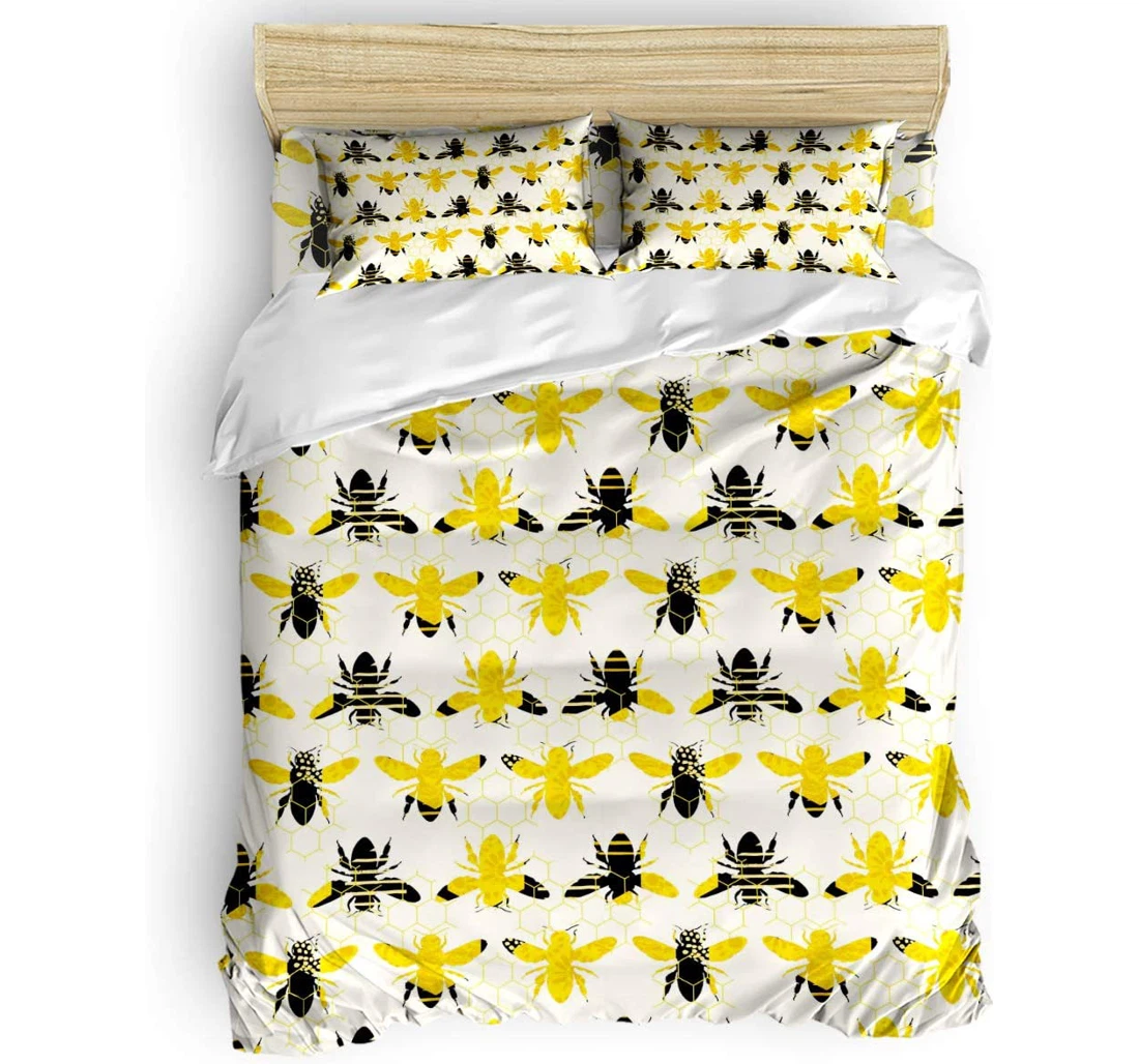 Personalized Bedding Set - Yellow Black Bee Fill Geometry Backdrop Included 1 Ultra Soft Duvet Cover or Quilt and 2 Lightweight Breathe Pillowcases