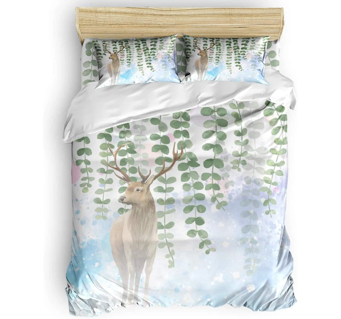Personalized Bedding Set - Animal Elk Green Leaves Watercolor Blue Backdrop Included 1 Ultra Soft Duvet Cover or Quilt and 2 Lightweight Breathe Pillowcases