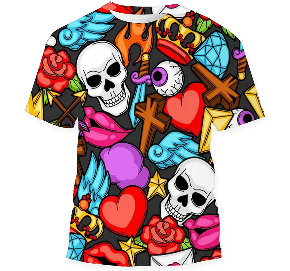 Retro Tattoo Symbols Cartoon Birthday Halloween - 3D Printed T-shirt, Long Sleeves Shirt