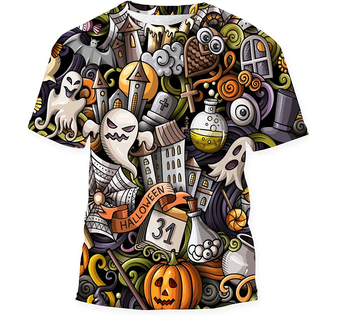 Cartoon Cute Doodles Hand Drawn Halloween - 3D Printed T-shirt, Long Sleeves Shirt